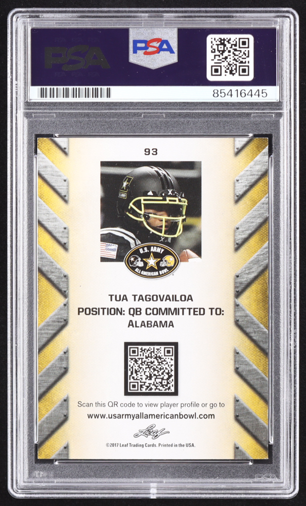 Tua Tagovailoa Signed 2017 Leaf Army All-American Bowl #93 RC (PSA) at PristineAuction.com Tua Tagovailoa Signed 2017 Leaf Army All-American Bowl #93 RC (PSA) at PristineAuction.com