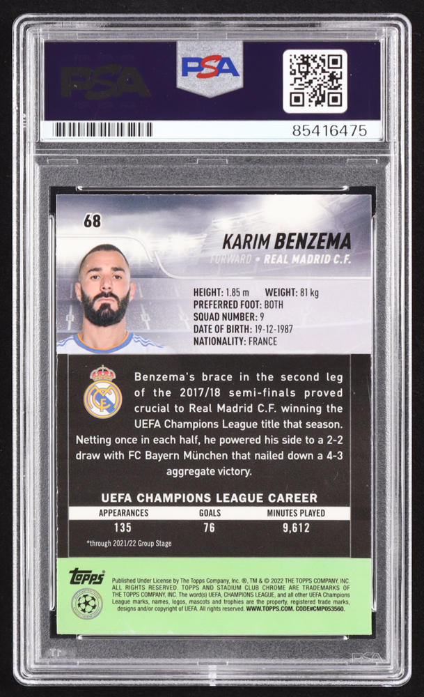 Karim Benzema Signed 2021-22 Stadium Club Chrome UEFA Champions League #68 (PSA) at PristineAuction.com Karim Benzema Signed 2021-22 Stadium Club Chrome UEFA Champions League #68 (PSA) at PristineAuction.com