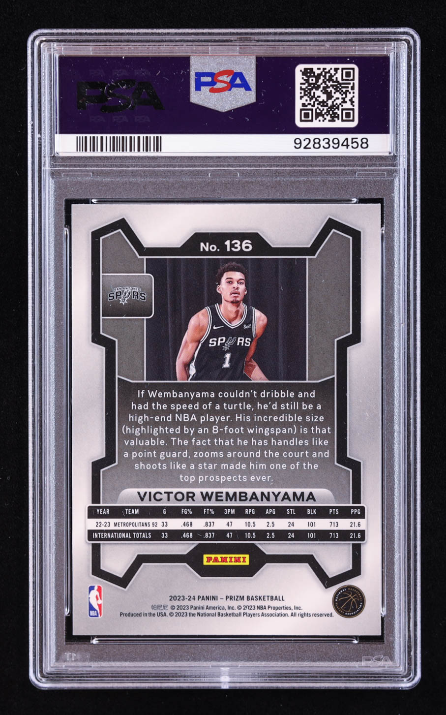 Victor Wembanyama 2023-24 Panini Prizm #136 RC (PSA 10) at PristineAuction.com Victor Wembanyama 2023-24 Panini Prizm #136 RC (PSA 10) at PristineAuction.com