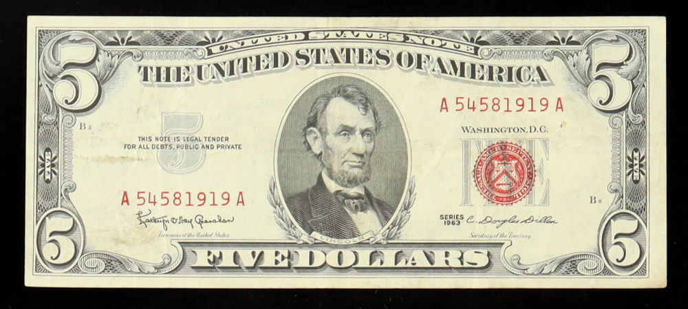 1963 United States $5 Five Dollar Legal Tender Note - Red Seal at PristineAuction.com 1963 United States $5 Five Dollar Legal Tender Note - Red Seal at PristineAuction.com