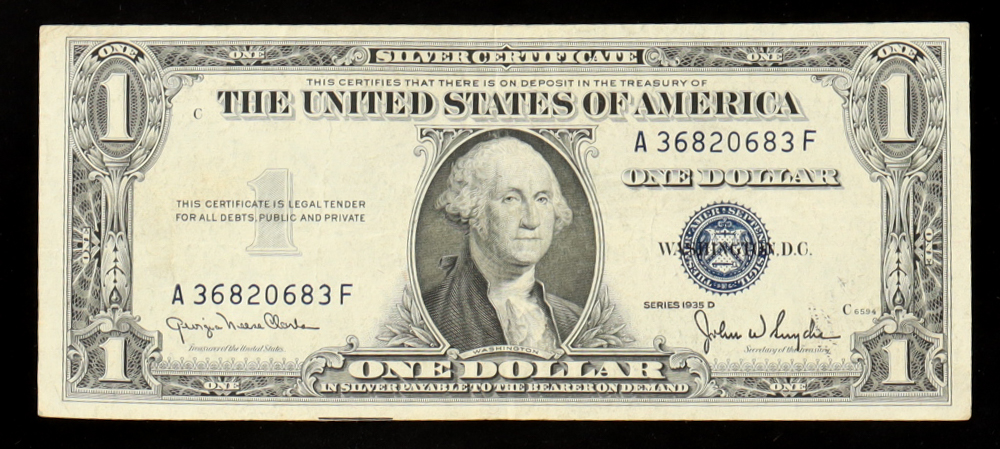 1935-D United States $1 One Dollar Silver Certificate - Blue Seal at PristineAuction.com 1935-D United States $1 One Dollar Silver Certificate - Blue Seal at PristineAuction.com