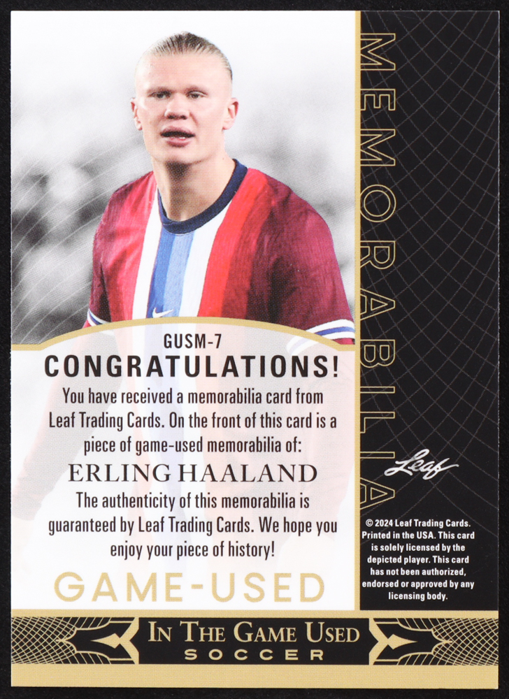 Erling Haaland 2024 Leaf ITG Used Memorabilia Prismatic Pink #GUSM7 #21/35 at PristineAuction.com Erling Haaland 2024 Leaf ITG Used Memorabilia Prismatic Pink #GUSM7 #21/35 at PristineAuction.com