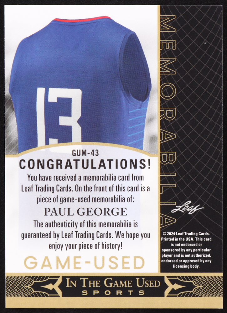 Paul George 2024 Leaf ITG Used Memorabilia Purple Spectrum #GUM43 #05/12 at PristineAuction.com Paul George 2024 Leaf ITG Used Memorabilia Purple Spectrum #GUM43 #05/12 at PristineAuction.com