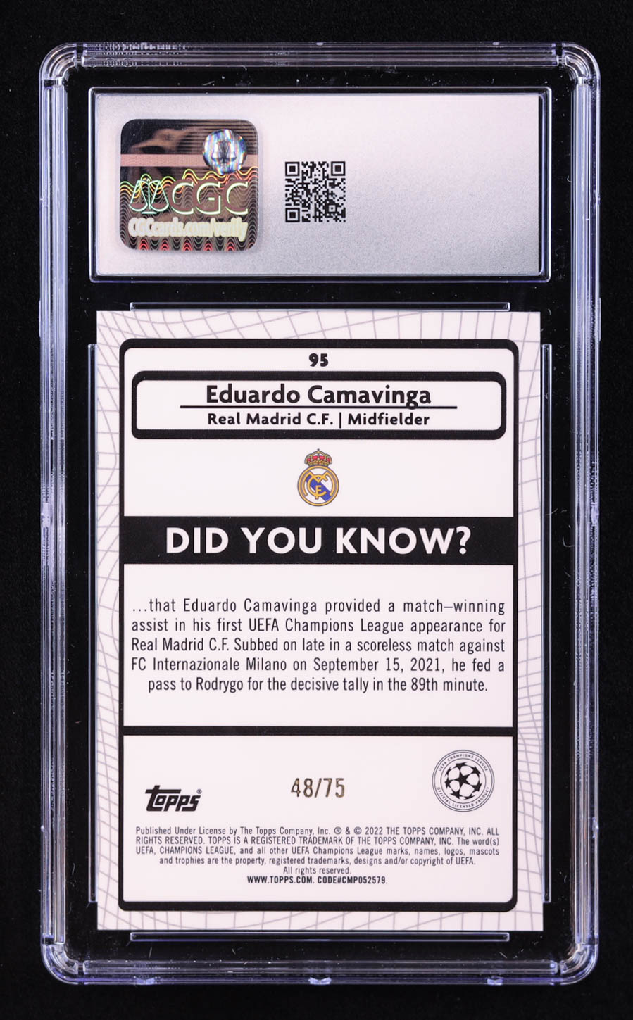 Eduardo Camavinga 2021-22 Merlin UEFA Champions League Blue Refractors #95 #48/75 (CGC 9) at PristineAuction.com Eduardo Camavinga 2021-22 Merlin UEFA Champions League Blue Refractors #95 #48/75 (CGC 9) at PristineAuction.com