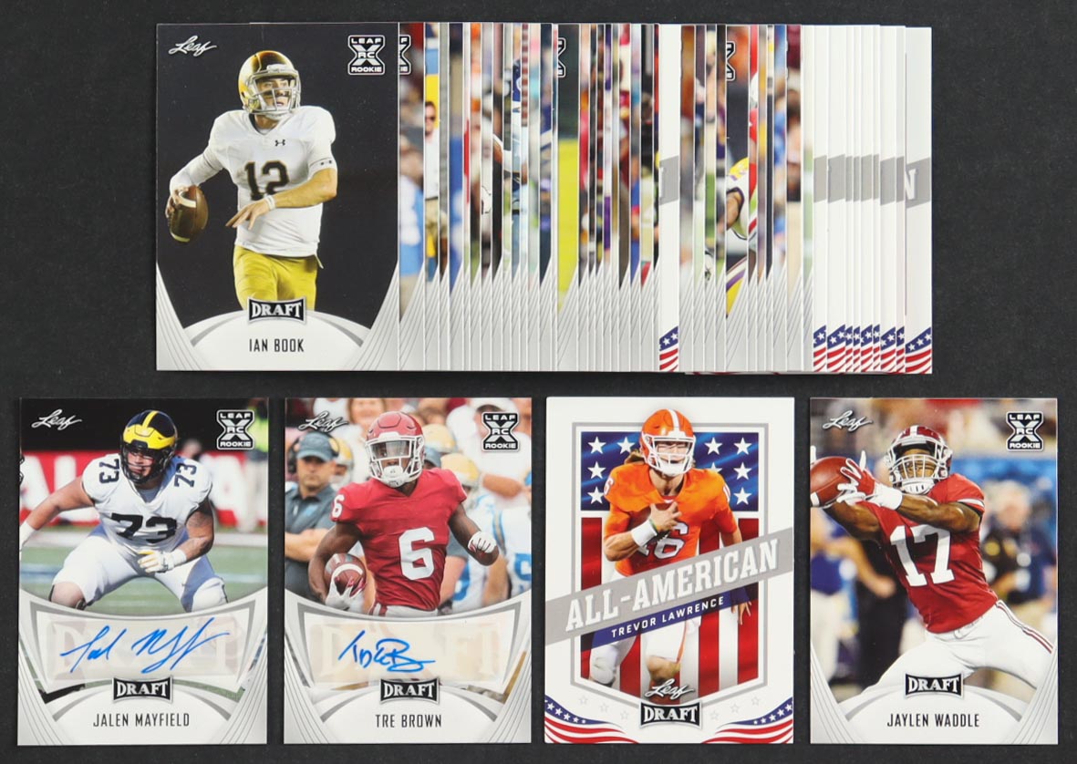 2021 Leaf Draft Complete Set of (50) Football Cards with Jalen Mayfield #BA-JM1 Auto RC, Tre Brown BA-TB2 RC, Trevor Lawrence #50 RC, Jaylen Waddle #28 at PristineAuction.com 2021 Leaf Draft Complete Set of (50) Football Cards with Jalen Mayfield #BA-JM1 Auto RC, Tre Brown BA-TB2 RC, Trevor Lawrence #50 RC, Jaylen Waddle #28 at PristineAuction.com