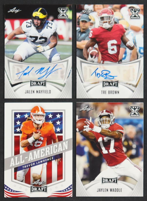 2021 Leaf Draft Complete Set of (50) Football Cards with Jalen Mayfield #BA-JM1 Auto RC, Tre Brown BA-TB2 RC, Trevor Lawrence #50 RC, Jaylen Waddle #28 at PristineAuction.com 2021 Leaf Draft Complete Set of (50) Football Cards with Jalen Mayfield #BA-JM1 Auto RC, Tre Brown BA-TB2 RC, Trevor Lawrence #50 RC, Jaylen Waddle #28 at PristineAuction.com