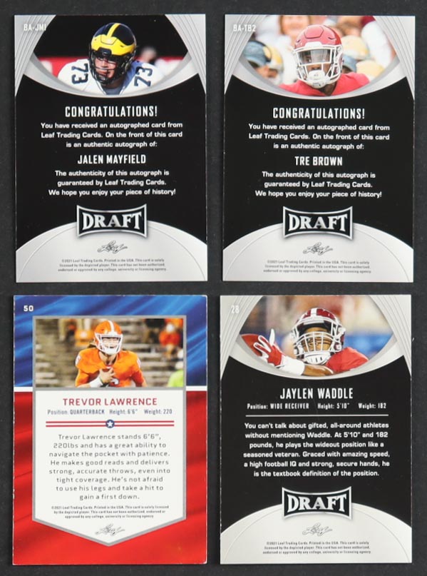 2021 Leaf Draft Complete Set of (50) Football Cards with Jalen Mayfield #BA-JM1 Auto RC, Tre Brown BA-TB2 RC, Trevor Lawrence #50 RC, Jaylen Waddle #28 at PristineAuction.com 2021 Leaf Draft Complete Set of (50) Football Cards with Jalen Mayfield #BA-JM1 Auto RC, Tre Brown BA-TB2 RC, Trevor Lawrence #50 RC, Jaylen Waddle #28 at PristineAuction.com