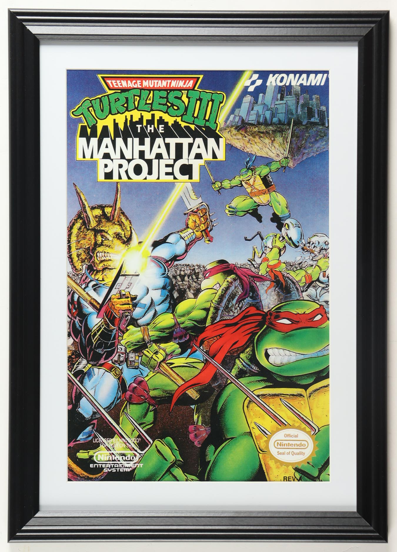 1991 "Teenage Mutant Ninja Turtles III: The Manhattan Project" Custom Framed Nintendo Poster Print Display at PristineAuction.com 1991 "Teenage Mutant Ninja Turtles III: The Manhattan Project" Custom Framed Nintendo Poster Print Display at PristineAuction.com