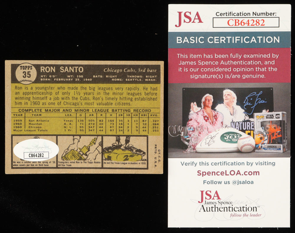 Ron Santo Signed 1961 Topps #35 RC (JSA) at PristineAuction.com Ron Santo Signed 1961 Topps #35 RC (JSA) at PristineAuction.com