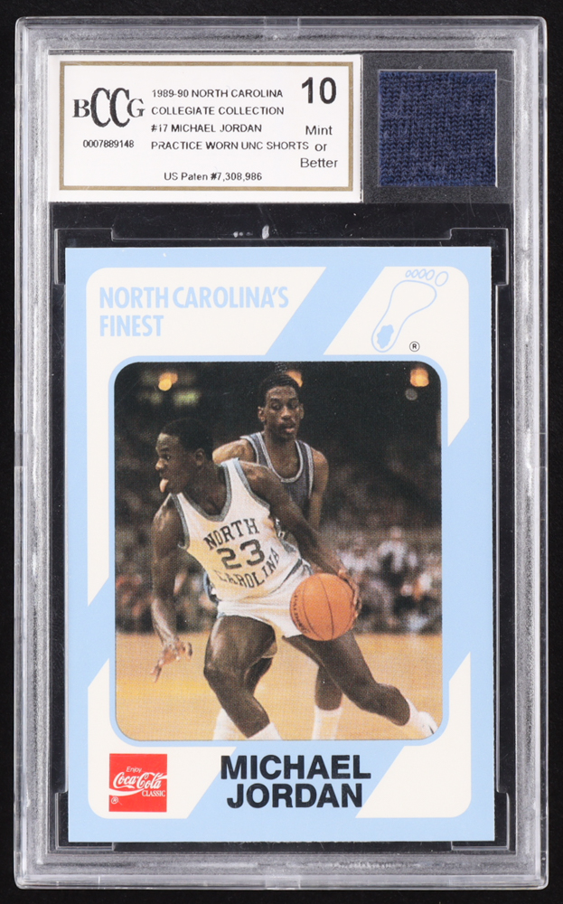 Michael Jordan 1989-90 North Carolina Collegiate Collection #17 with Game-Used Shorts Piece (BCCG 10) at PristineAuction.com Michael Jordan 1989-90 North Carolina Collegiate Collection #17 with Game-Used Shorts Piece (BCCG 10) at PristineAuction.com