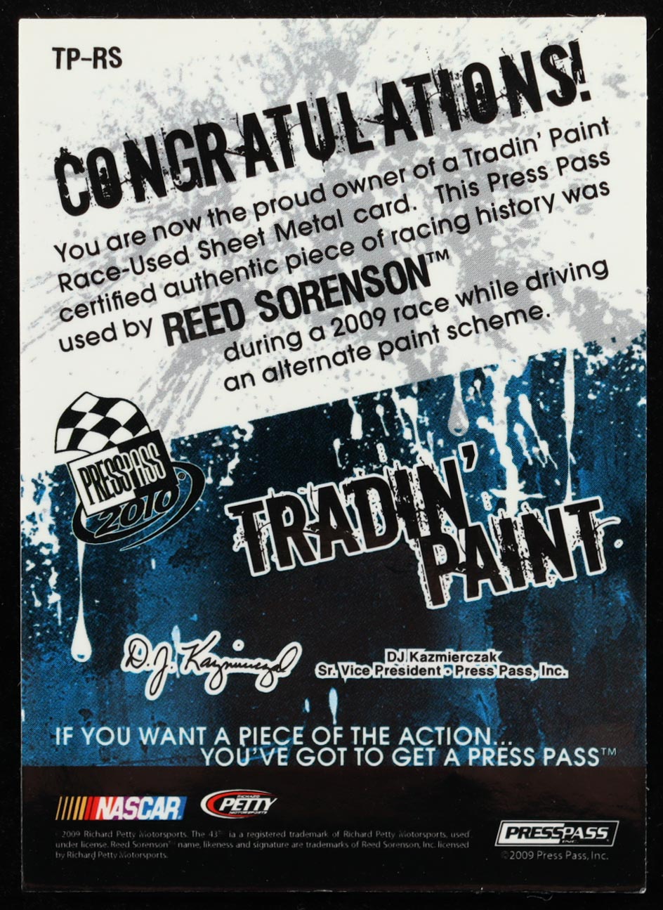 Reed Sorenson 2010 Press Pass Tradin' Paint Sheet Metal # TP-RS #42/50 at PristineAuction.com Reed Sorenson 2010 Press Pass Tradin' Paint Sheet Metal # TP-RS #42/50 at PristineAuction.com
