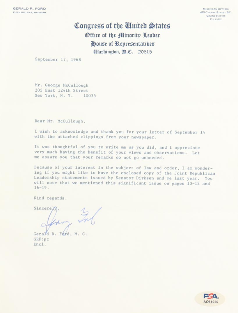 Gerald Ford Signed 1968 House Of Representatives Letter (PSA) at PristineAuction.com Gerald Ford Signed 1968 House Of Representatives Letter (PSA) at PristineAuction.com