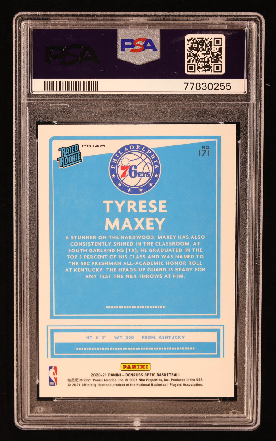 Tyrese Maxey 2020-21 Donruss Optic Purple Shock #171 RR RC (PSA 10) at PristineAuction.com Tyrese Maxey 2020-21 Donruss Optic Purple Shock #171 RR RC (PSA 10) at PristineAuction.com