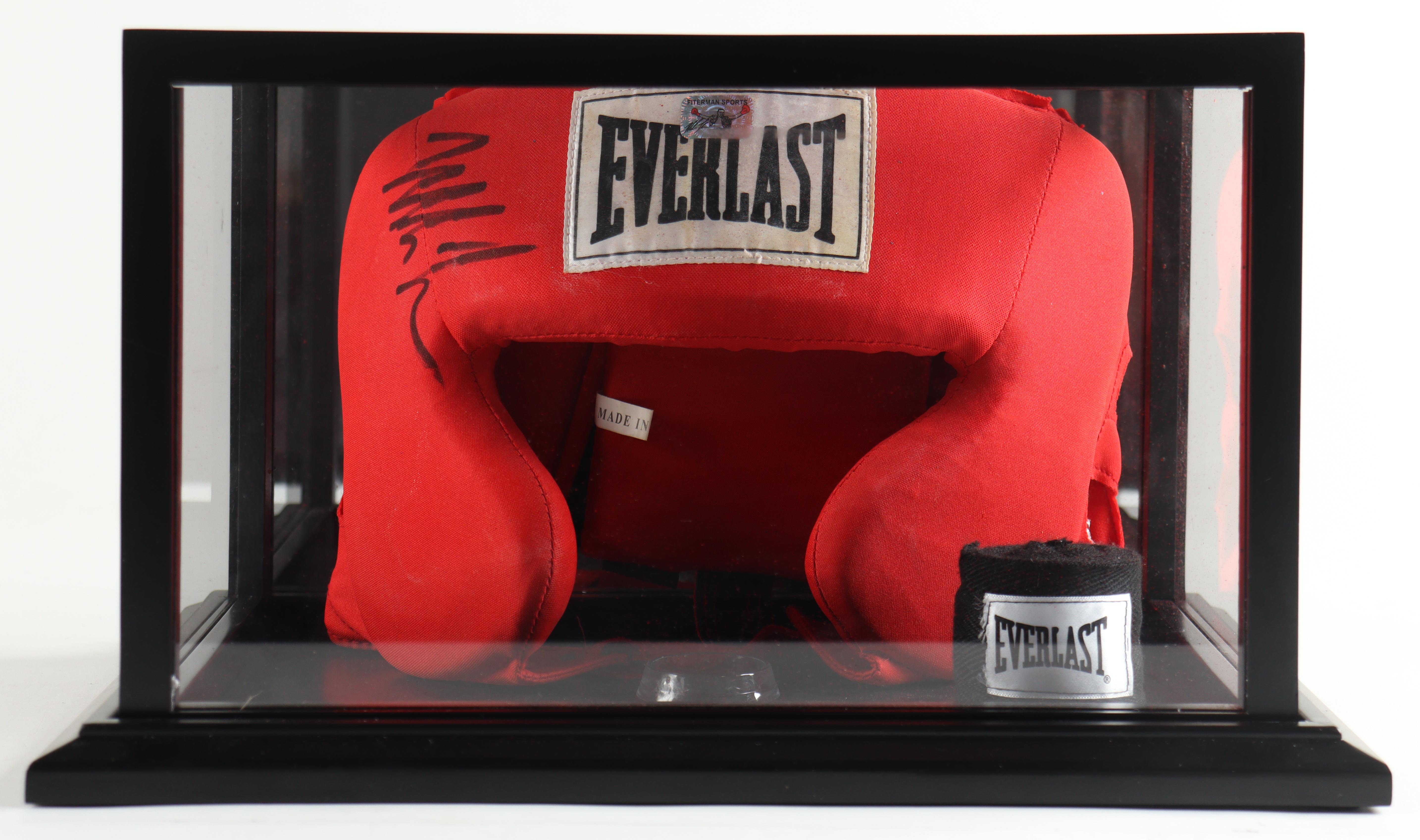 Mike Tyson Signed Everlast Head Gear With Display Case & Wristwraps (Tyson) at PristineAuction.com Mike Tyson Signed Everlast Head Gear With Display Case & Wristwraps (Tyson) at PristineAuction.com