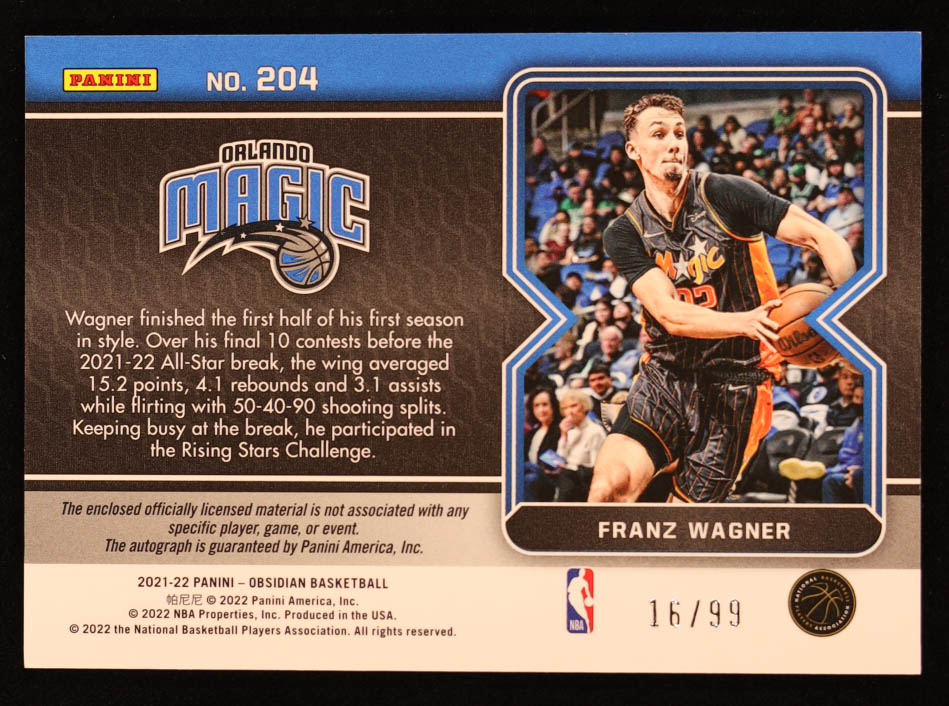 Franz Wagner 2021-22 Panini Obsidian #204 Autograph Jersey RC #16/99 at PristineAuction.com Franz Wagner 2021-22 Panini Obsidian #204 Autograph Jersey RC #16/99 at PristineAuction.com