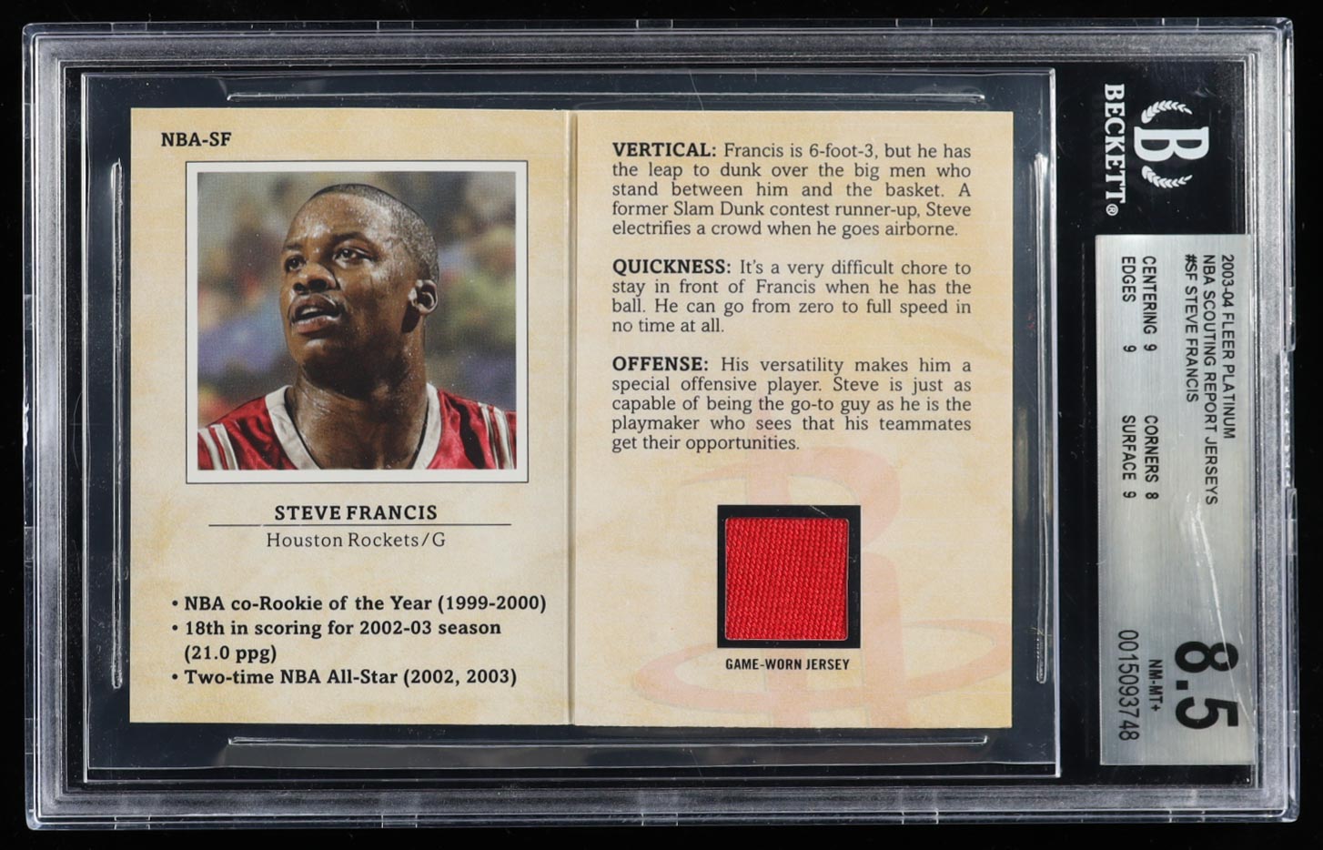 Steve Francis 2003-04 Fleer Platinum NBA Scouting Report Jerseys #SF #245/250 (BGS 8.5) at PristineAuction.com Steve Francis 2003-04 Fleer Platinum NBA Scouting Report Jerseys #SF #245/250 (BGS 8.5) at PristineAuction.com