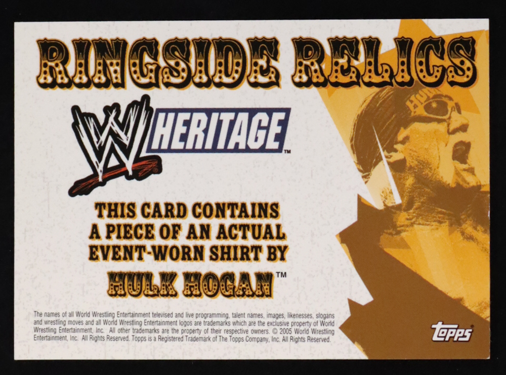 Hulk Hogan 2005 Topps Heritage WWE Event-Worn Ringside Relics #NNO at PristineAuction.com Hulk Hogan 2005 Topps Heritage WWE Event-Worn Ringside Relics #NNO at PristineAuction.com