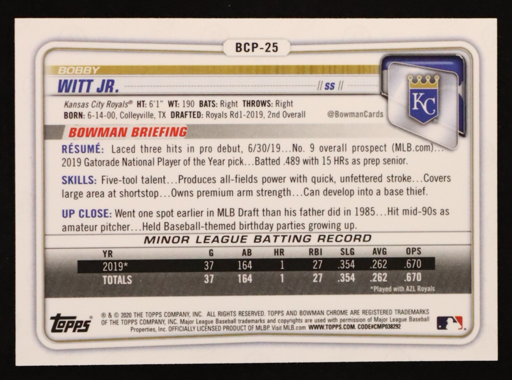 Bobby Witt Jr. 2020 Bowman Chrome Prospects #BCP25 RC at PristineAuction.com Bobby Witt Jr. 2020 Bowman Chrome Prospects #BCP25 RC at PristineAuction.com