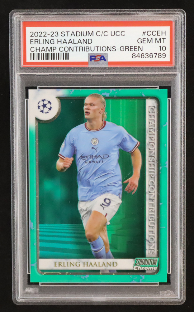 Erling Haaland 2022-23 Stadium Club Chrome UEFA Championship Contributions Green Refractors #CCEH #49/99 (PSA 10) at PristineAuction.com Erling Haaland 2022-23 Stadium Club Chrome UEFA Championship Contributions Green Refractors #CCEH #49/99 (PSA 10) at PristineAuction.com