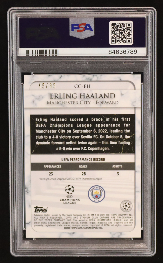 Erling Haaland 2022-23 Stadium Club Chrome UEFA Championship Contributions Green Refractors #CCEH #49/99 (PSA 10) at PristineAuction.com Erling Haaland 2022-23 Stadium Club Chrome UEFA Championship Contributions Green Refractors #CCEH #49/99 (PSA 10) at PristineAuction.com