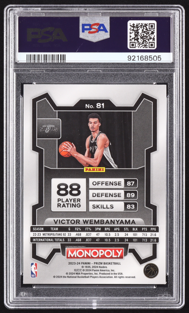 Victor Wembanyama 2023 Panini Prizm Monopoly #81 RC (PSA 10) at PristineAuction.com Victor Wembanyama 2023 Panini Prizm Monopoly #81 RC (PSA 10) at PristineAuction.com