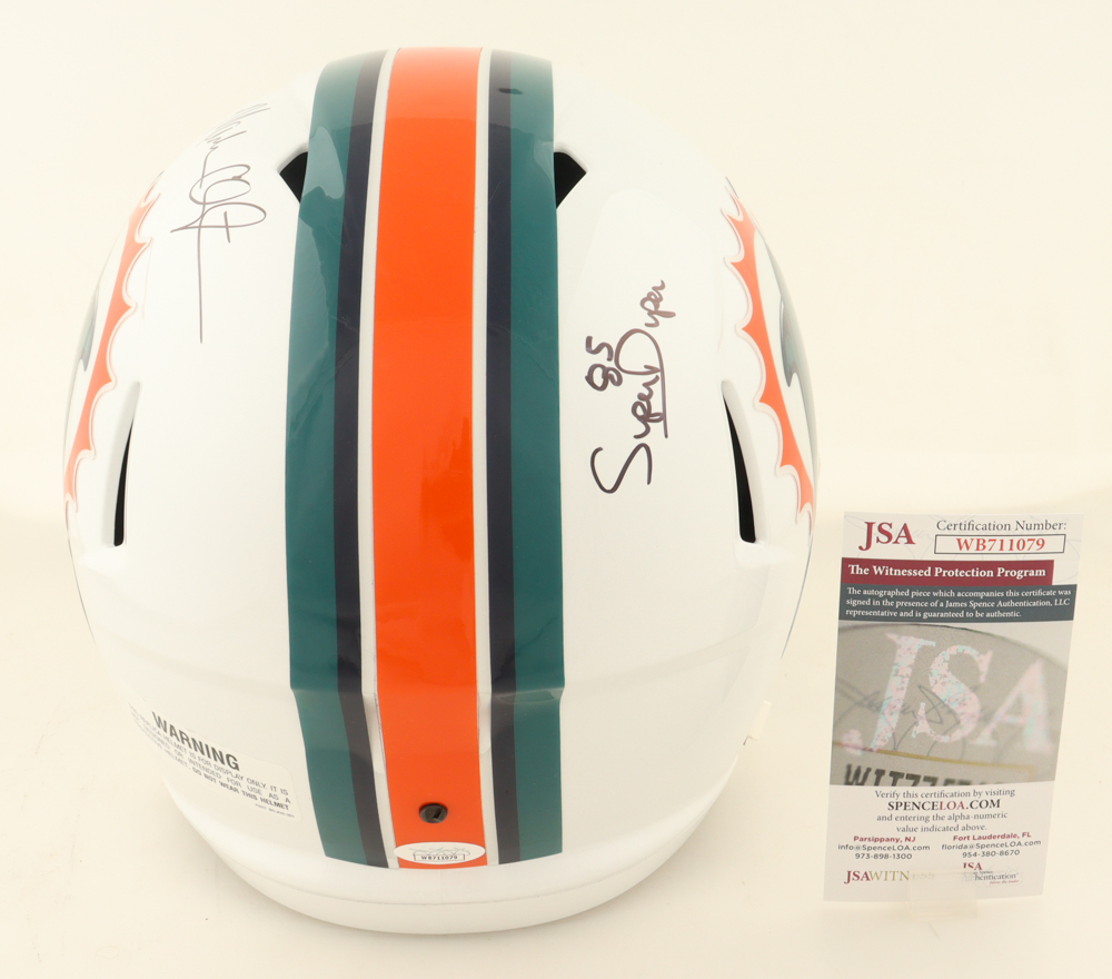 Mark Clayton & Mark "Super" Duper Signed Dolphins Full-Size Throwback Speed Helmet (JSA) at PristineAuction.com Mark Clayton & Mark "Super" Duper Signed Dolphins Full-Size Throwback Speed Helmet (JSA) at PristineAuction.com