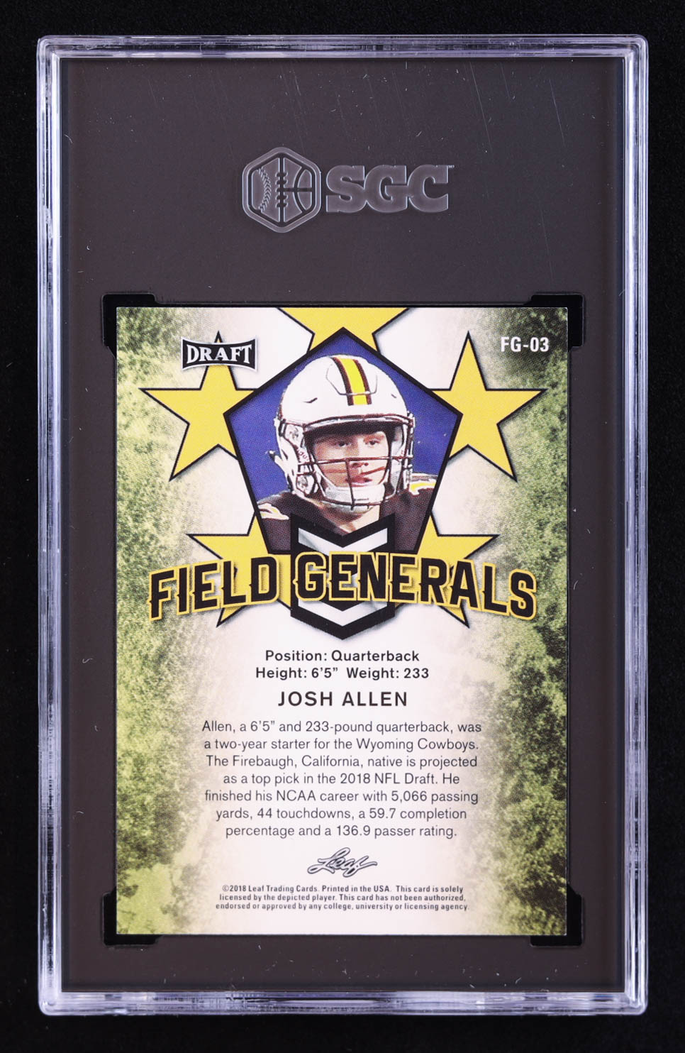 Josh Allen 2018 Leaf Draft Field Generals #FG03 RC (SGC 10) at PristineAuction.com Josh Allen 2018 Leaf Draft Field Generals #FG03 RC (SGC 10) at PristineAuction.com
