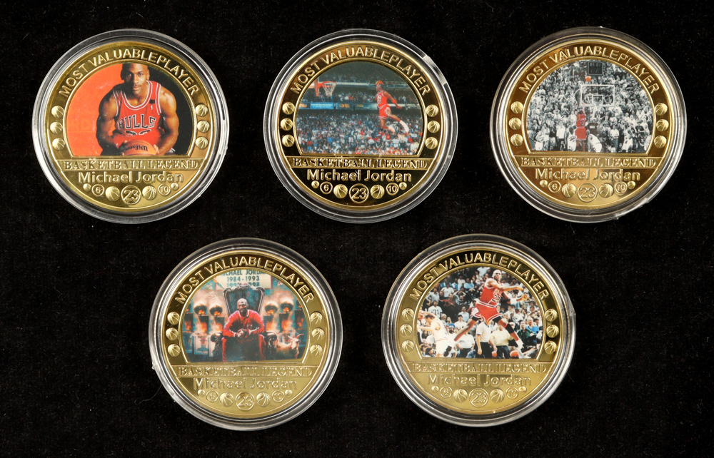 KL World Collection "Michael Jordan" Set of 5 99% 24K Gold Plated Coins at PristineAuction.com KL World Collection "Michael Jordan" Set of 5 99% 24K Gold Plated Coins at PristineAuction.com
