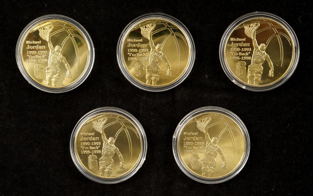 KL World Collection "Michael Jordan" Set of 5 99% 24K Gold Plated Coins at PristineAuction.com KL World Collection "Michael Jordan" Set of 5 99% 24K Gold Plated Coins at PristineAuction.com