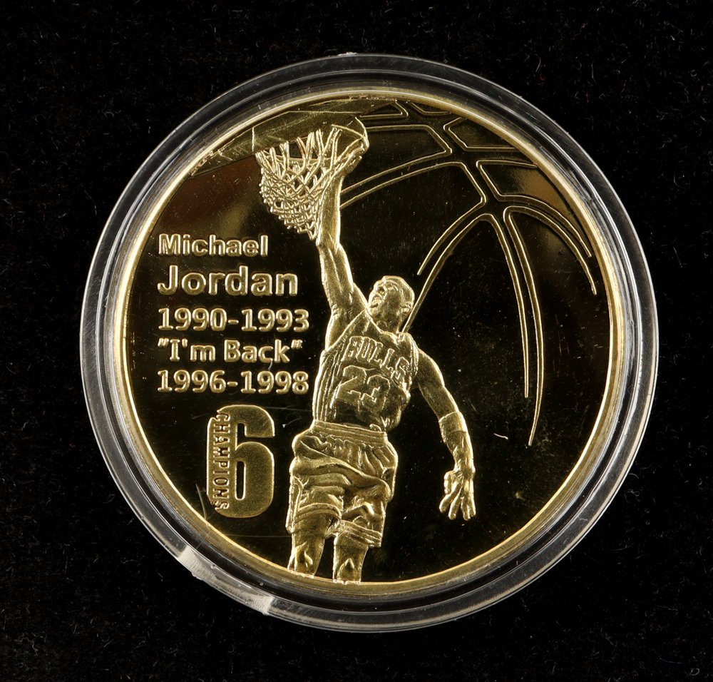KL World Collection "Michael Jordan" Set of 5 99% 24K Gold Plated Coins at PristineAuction.com KL World Collection "Michael Jordan" Set of 5 99% 24K Gold Plated Coins at PristineAuction.com