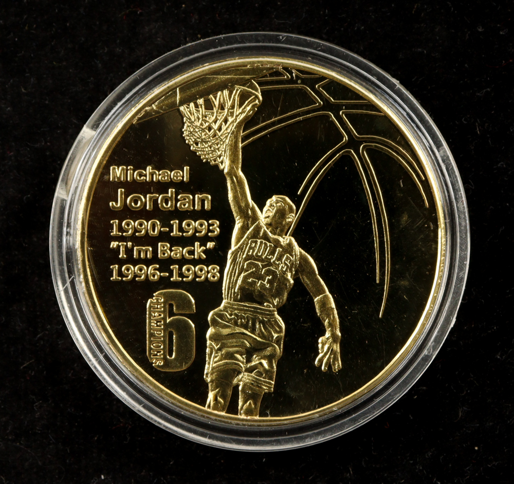 KL World Collection "Michael Jordan" Set of 5 99% 24K Gold Plated Coins at PristineAuction.com KL World Collection "Michael Jordan" Set of 5 99% 24K Gold Plated Coins at PristineAuction.com