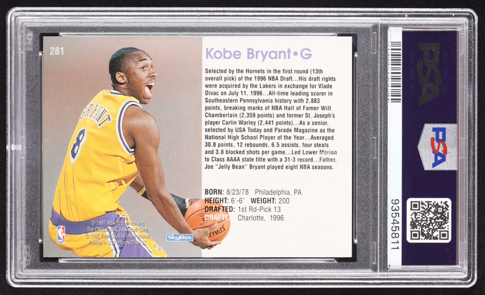 Kobe Bryant 1996-97 Hoops #281 RC (PSA 8) at PristineAuction.com Kobe Bryant 1996-97 Hoops #281 RC (PSA 8) at PristineAuction.com