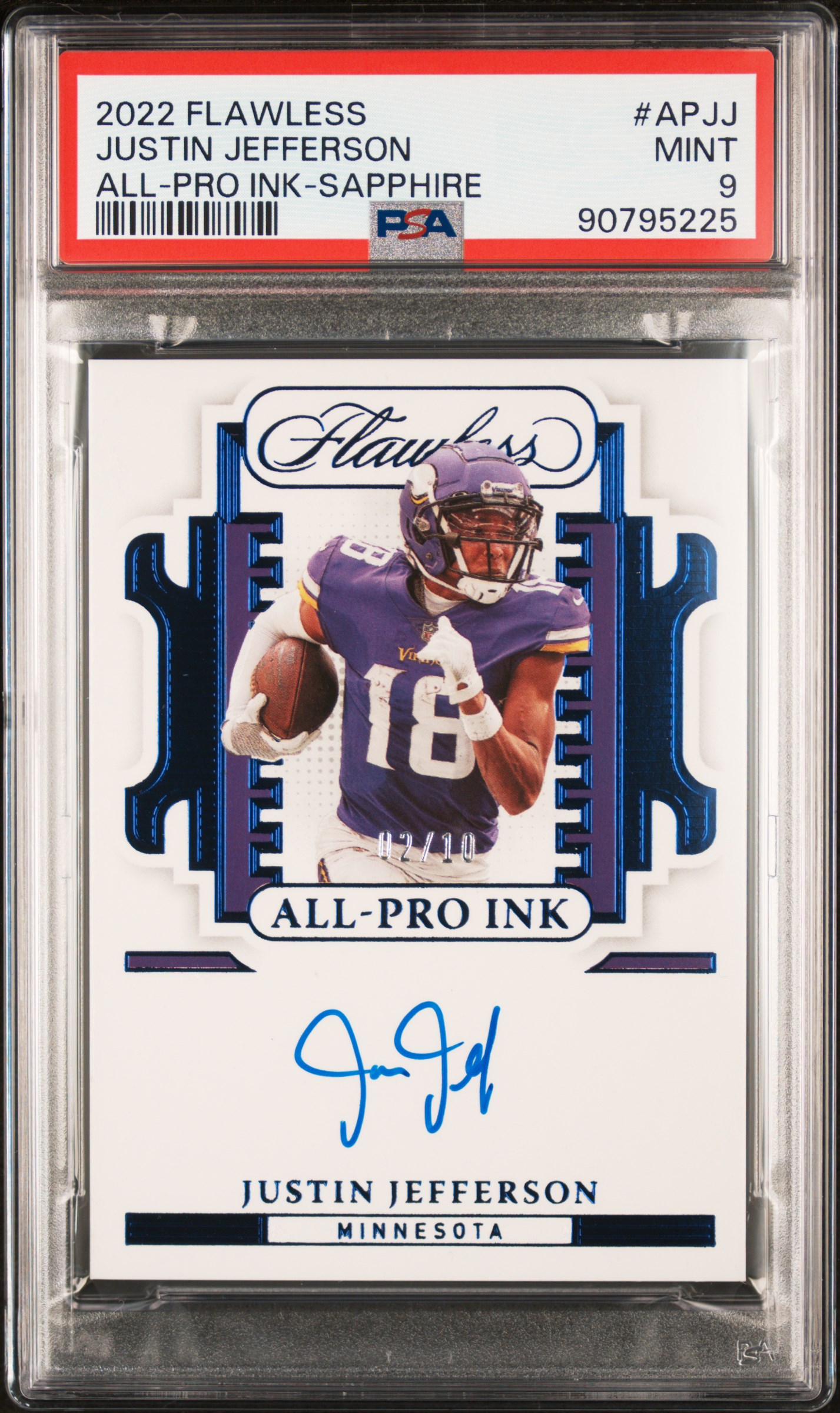 Justin Jefferson 2022 Panini Flawless All Pro Ink Sapphire #5 #2/10 (PSA 9) at PristineAuction.com Justin Jefferson 2022 Panini Flawless All Pro Ink Sapphire #5 #2/10 (PSA 9) at PristineAuction.com