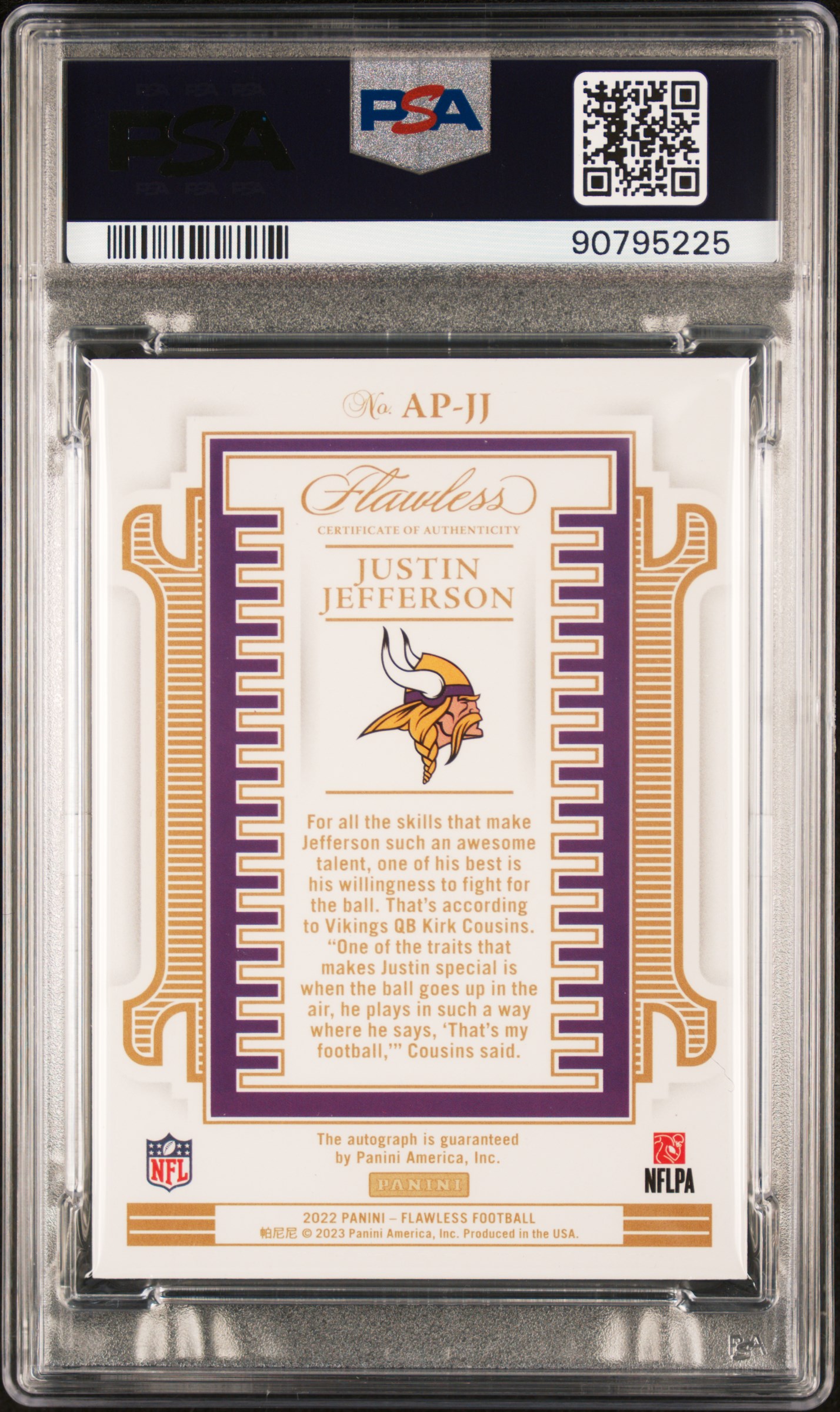 Justin Jefferson 2022 Panini Flawless All Pro Ink Sapphire #5 #2/10 (PSA 9) at PristineAuction.com Justin Jefferson 2022 Panini Flawless All Pro Ink Sapphire #5 #2/10 (PSA 9) at PristineAuction.com