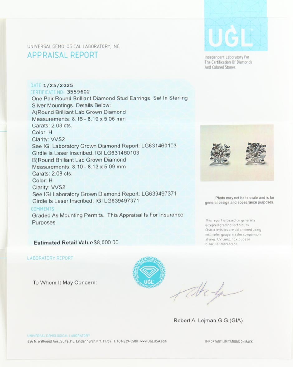 (2) 2.08 CTW | 4.16 Total CTW Pair of Laboratory Grown Round Brilliant Diamond Stud Earrings H, VVS2 | Estimated Value $8,000 (UGL & IGI) at PristineAuction.com (2) 2.08 CTW | 4.16 Total CTW Pair of Laboratory Grown Round Brilliant Diamond Stud Earrings H, VVS2 | Estimated Value $8,000 (UGL & IGI) at PristineAuction.com