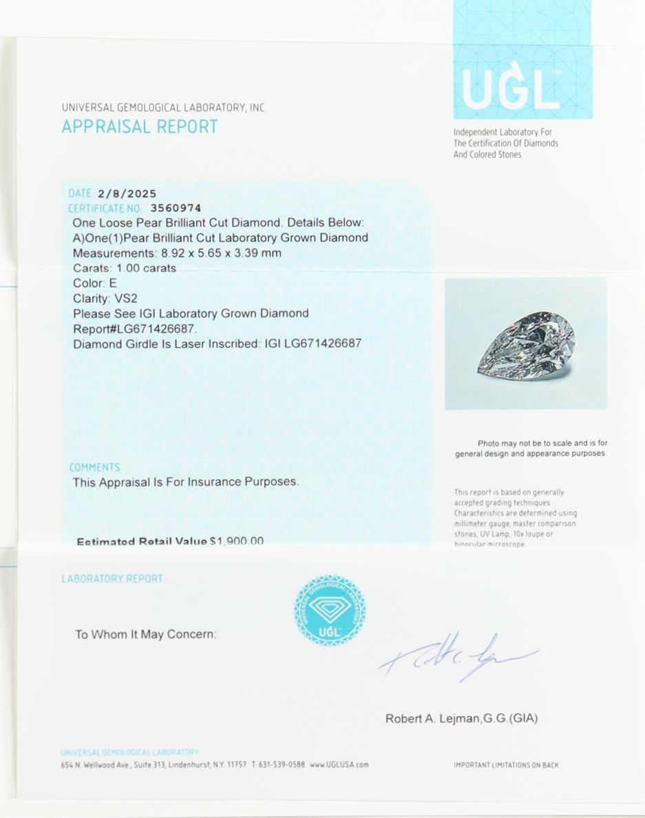 1.00 CTW Laboratory Grown Diamond E, VS 2 | Estimated Value $1,900 (UGL & IGI) at PristineAuction.com 1.00 CTW Laboratory Grown Diamond E, VS 2 | Estimated Value $1,900 (UGL & IGI) at PristineAuction.com