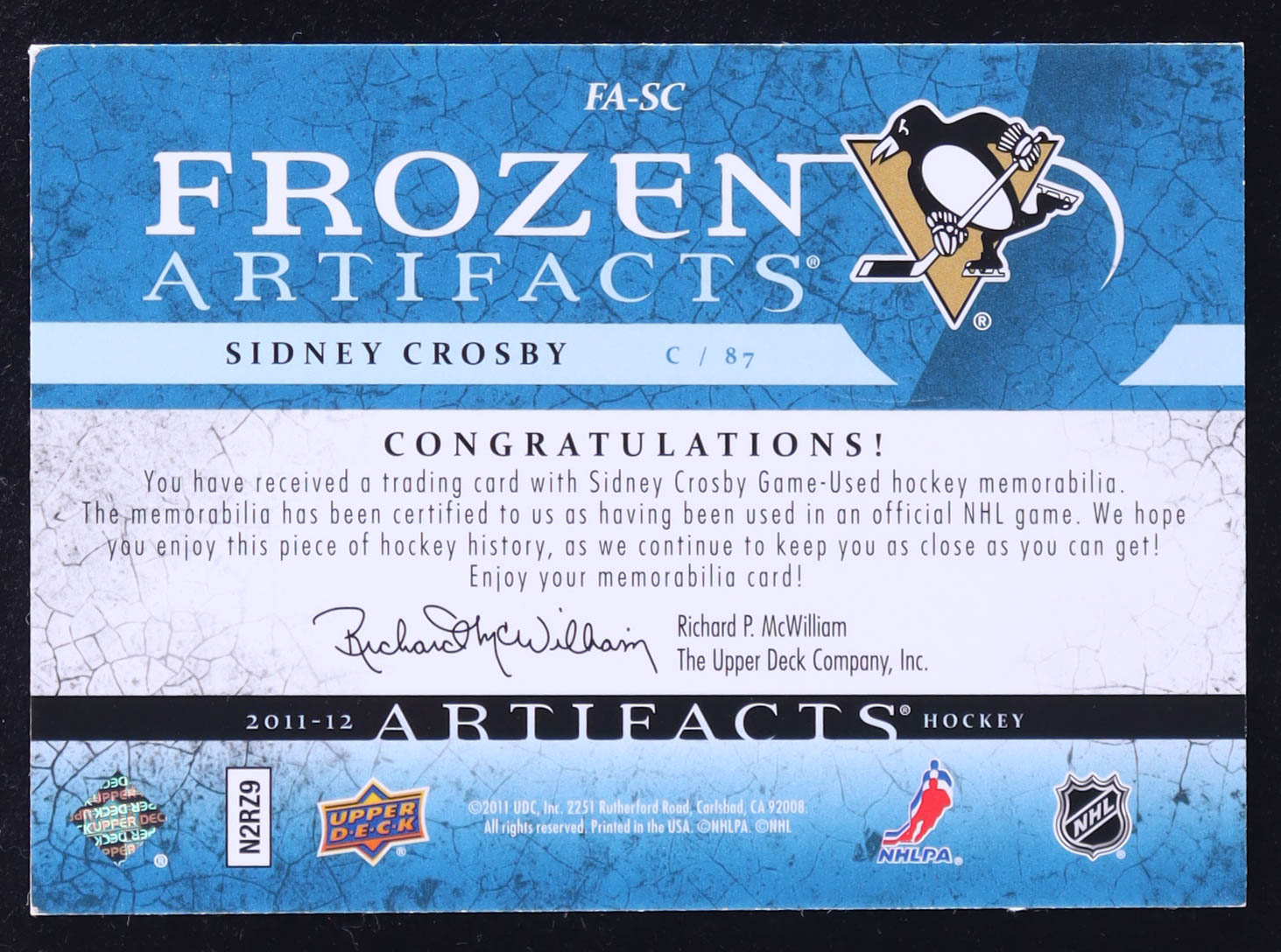 Sidney Crosby 2011-12 Artifacts Frozen Artifacts Jerseys Blue #FASC #009/135 at PristineAuction.com Sidney Crosby 2011-12 Artifacts Frozen Artifacts Jerseys Blue #FASC #009/135 at PristineAuction.com