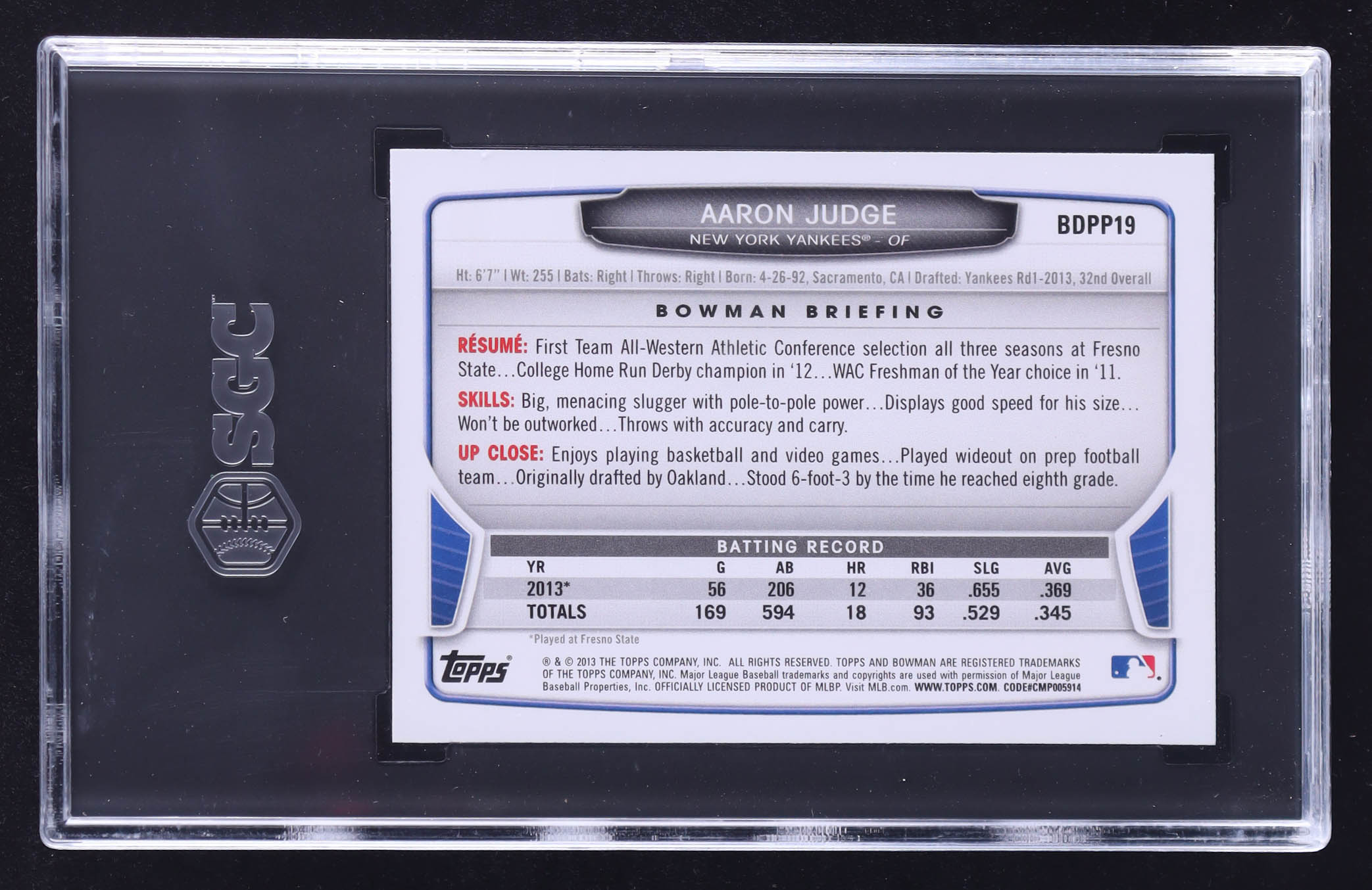 Aaron Judge 2013 Bowman Draft Draft Picks #BDPP19 RC (SGC 10) at PristineAuction.com Aaron Judge 2013 Bowman Draft Draft Picks #BDPP19 RC (SGC 10) at PristineAuction.com
