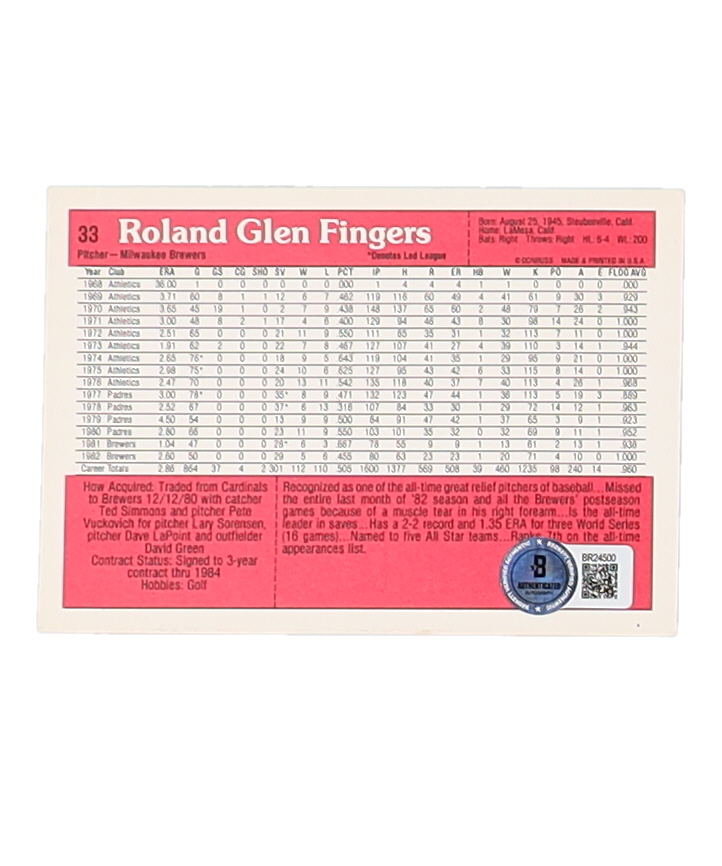 Rollie Fingers Signed 1983 Donruss Action All-Stars #33 (Beckett) at PristineAuction.com Rollie Fingers Signed 1983 Donruss Action All-Stars #33 (Beckett) at PristineAuction.com