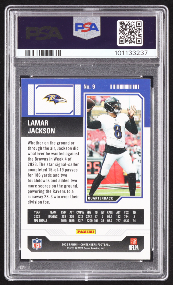 Lamar Jackson 2023 Panini Contenders #9 (PSA 8) at PristineAuction.com Lamar Jackson 2023 Panini Contenders #9 (PSA 8) at PristineAuction.com
