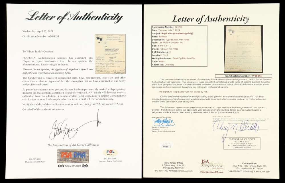 Jsa Authentication Letters Nap Lajoie Signed Handwritten Letter Response (JSA & PSA) | Pristine ...