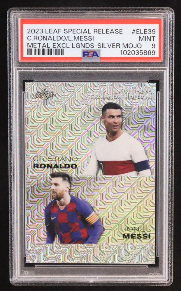 Cristiano Ronaldo / Lionel Messi 2023 Leaf Metal Special Release Exclusive Legends Edition Mojo Silver #ELE39 #3/25 (PSA 9) at PristineAuction.com Cristiano Ronaldo / Lionel Messi 2023 Leaf Metal Special Release Exclusive Legends Edition Mojo Silver #ELE39 #3/25 (PSA 9) at PristineAuction.com