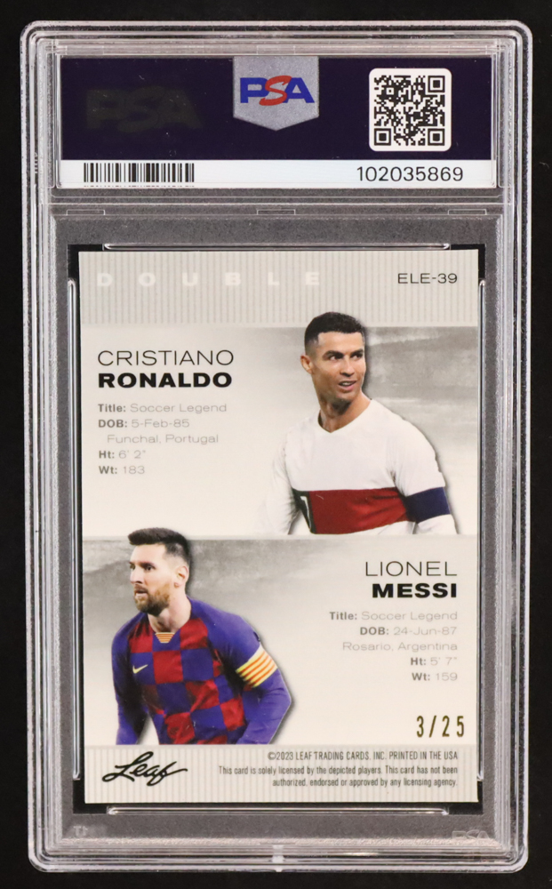 Cristiano Ronaldo / Lionel Messi 2023 Leaf Metal Special Release Exclusive Legends Edition Mojo Silver #ELE39 #3/25 (PSA 9) at PristineAuction.com Cristiano Ronaldo / Lionel Messi 2023 Leaf Metal Special Release Exclusive Legends Edition Mojo Silver #ELE39 #3/25 (PSA 9) at PristineAuction.com