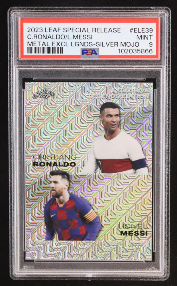 Cristiano Ronaldo / Lionel Messi 2023 Leaf Metal Special Release Exclusive Legends Edition Mojo Silver #ELE39 #6/25 (PSA 9) at PristineAuction.com Cristiano Ronaldo / Lionel Messi 2023 Leaf Metal Special Release Exclusive Legends Edition Mojo Silver #ELE39 #6/25 (PSA 9) at PristineAuction.com