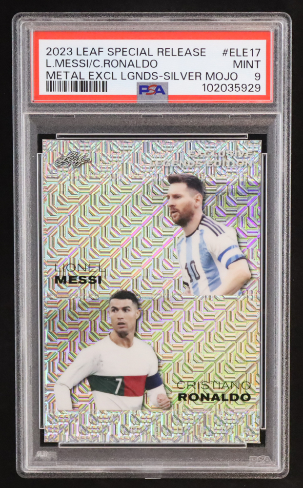 Lionel Messi / Cristiano Ronaldo 2023 Leaf Metal Special Release Exclusive Legends Edition Mojo Silver #ELE17 #10/25 (PSA 9) at PristineAuction.com Lionel Messi / Cristiano Ronaldo 2023 Leaf Metal Special Release Exclusive Legends Edition Mojo Silver #ELE17 #10/25 (PSA 9) at PristineAuction.com