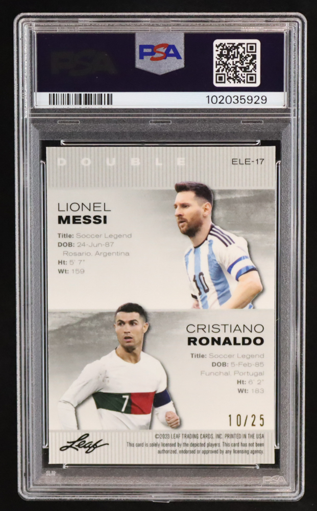 Lionel Messi / Cristiano Ronaldo 2023 Leaf Metal Special Release Exclusive Legends Edition Mojo Silver #ELE17 #10/25 (PSA 9) at PristineAuction.com Lionel Messi / Cristiano Ronaldo 2023 Leaf Metal Special Release Exclusive Legends Edition Mojo Silver #ELE17 #10/25 (PSA 9) at PristineAuction.com