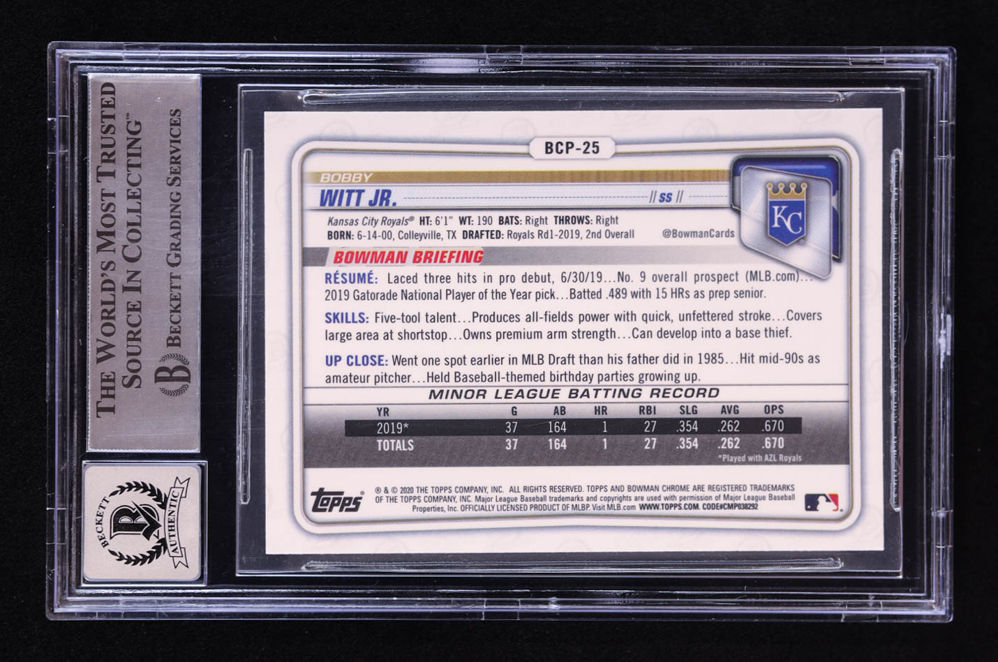 Bobby Witt Jr. Signed 2020 Bowman Chrome Prospects #BCP25 RC (BGS | Auto 10) at PristineAuction.com Bobby Witt Jr. Signed 2020 Bowman Chrome Prospects #BCP25 RC (BGS | Auto 10) at PristineAuction.com