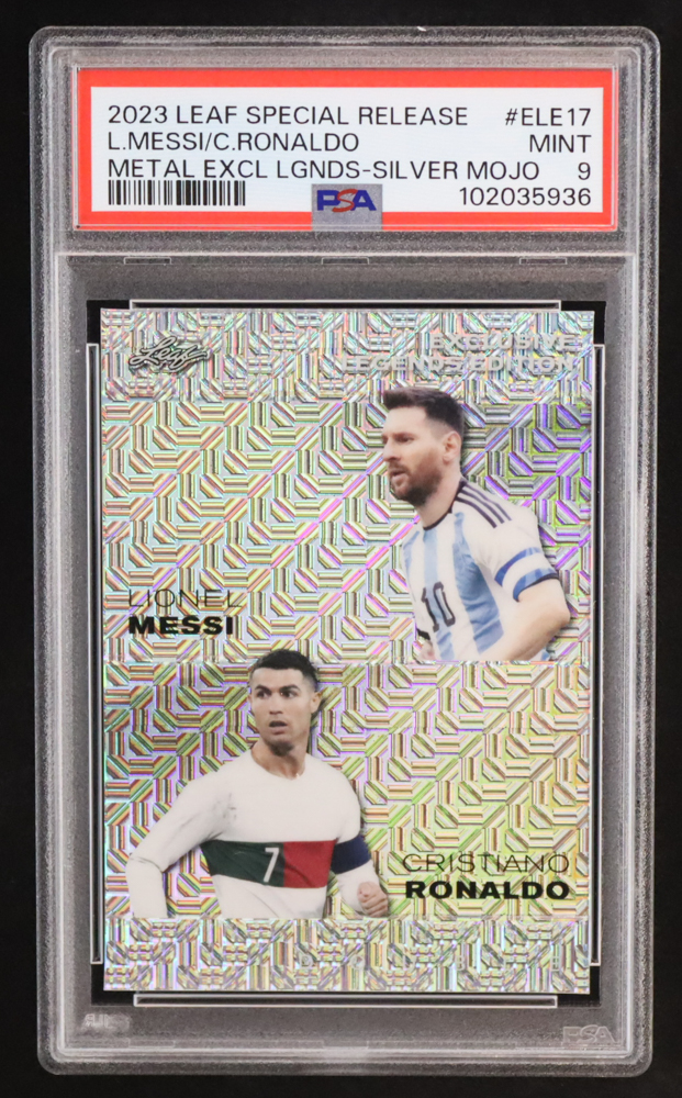 Lionel Messi / Cristiano Ronaldo 2023 Leaf Metal Special Release Exclusive Legends Edition Mojo Silver #ELE17 #1/25 (PSA 9) at PristineAuction.com Lionel Messi / Cristiano Ronaldo 2023 Leaf Metal Special Release Exclusive Legends Edition Mojo Silver #ELE17 #1/25 (PSA 9) at PristineAuction.com