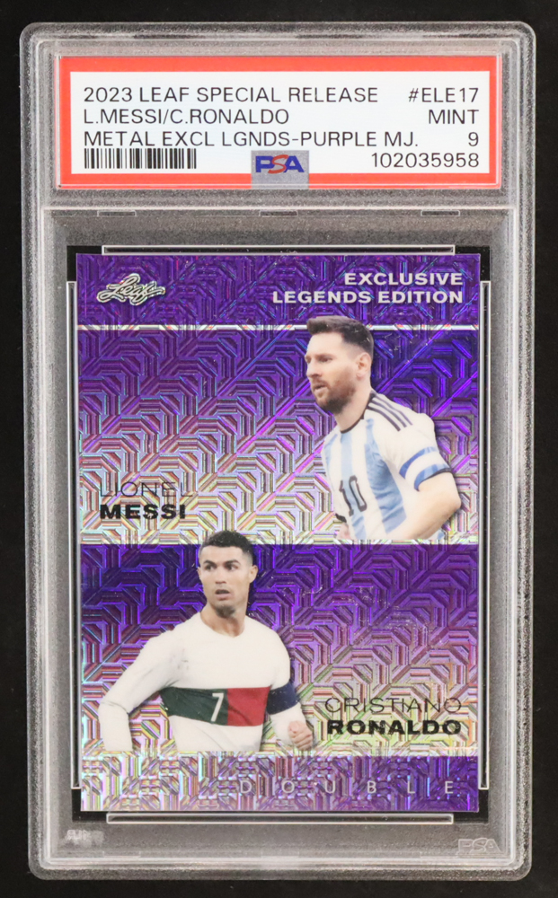 Lionel Messi / Cristiano Ronaldo 2023 Leaf Metal Special Release Exclusive Legends Edition Mojo Purple #ELE17 #8/15 (PSA 9) at PristineAuction.com Lionel Messi / Cristiano Ronaldo 2023 Leaf Metal Special Release Exclusive Legends Edition Mojo Purple #ELE17 #8/15 (PSA 9) at PristineAuction.com