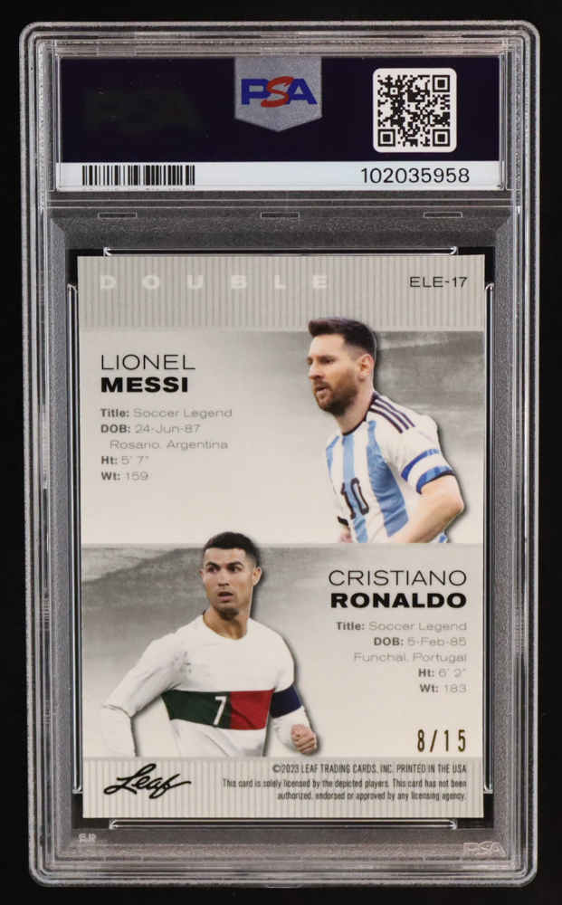 Lionel Messi / Cristiano Ronaldo 2023 Leaf Metal Special Release Exclusive Legends Edition Mojo Purple #ELE17 #8/15 (PSA 9) at PristineAuction.com Lionel Messi / Cristiano Ronaldo 2023 Leaf Metal Special Release Exclusive Legends Edition Mojo Purple #ELE17 #8/15 (PSA 9) at PristineAuction.com